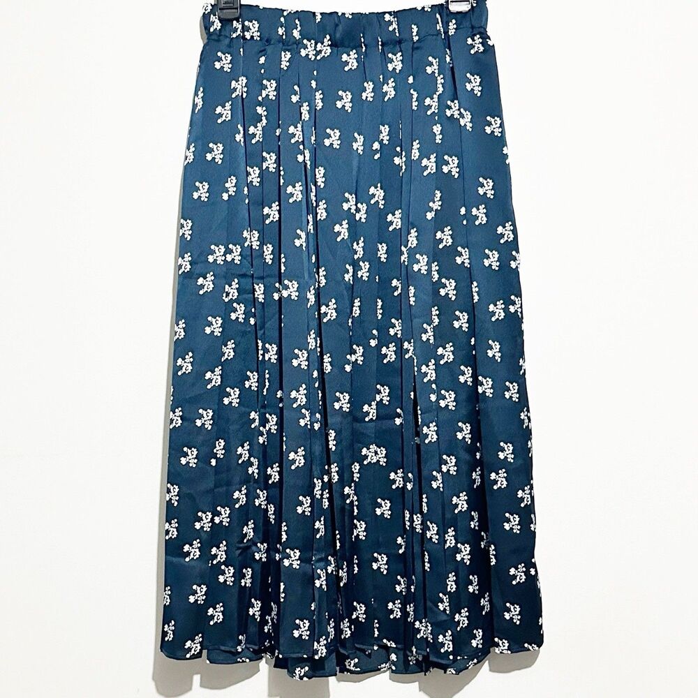 Ann Taylor Navy White Floral Pleated Midi Skirt Cottagecore Romantic Classic SP